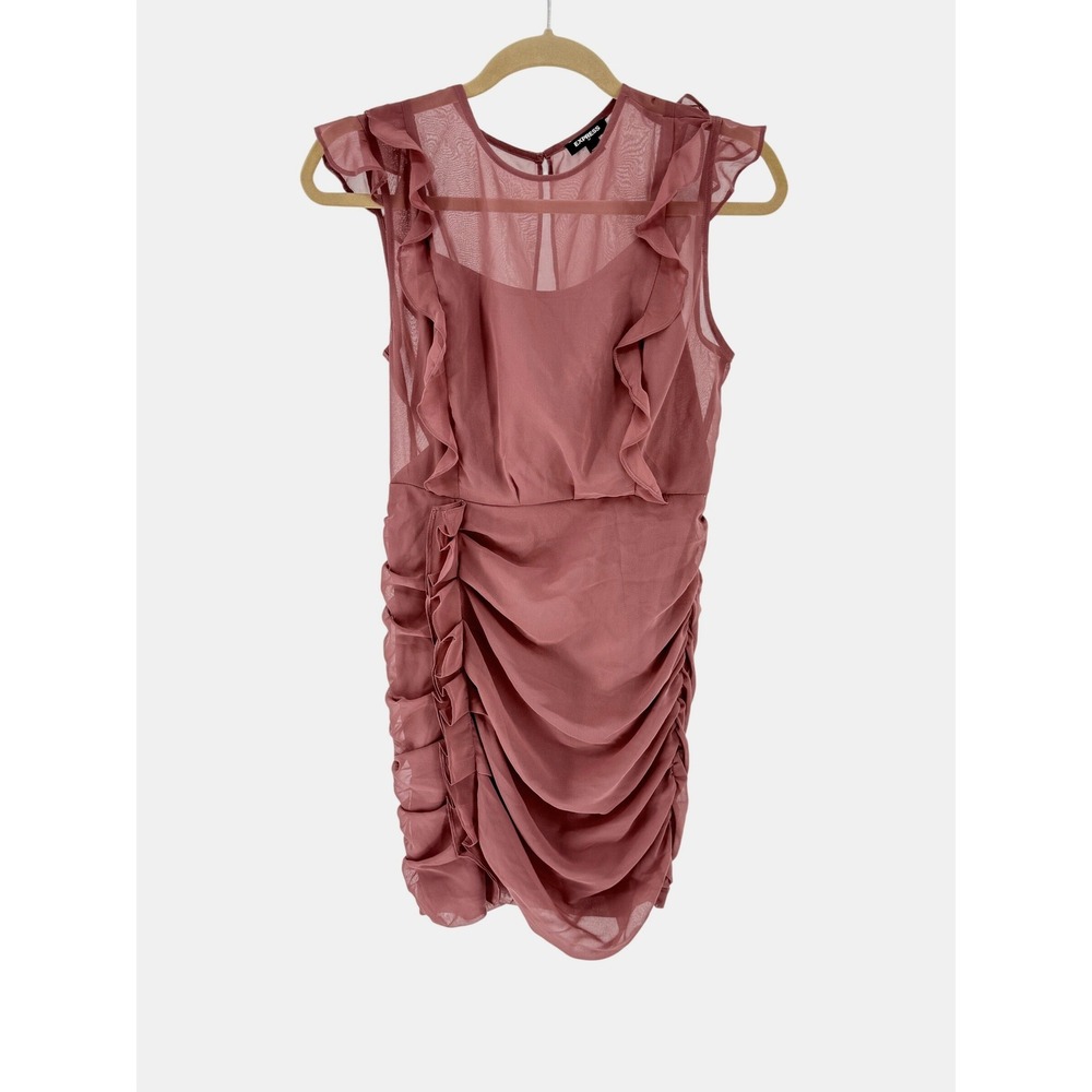 Express Mauve Ruched Ruffle Mesh Dress Small Dusty Rose y2k Wedding